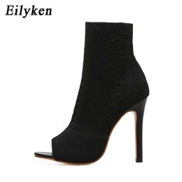 Boots Eilyken New Style Peep Toe Ankle Boots Stretch Women Fabric Out Breathable Booties Sexy Dance Pole Ladies Pumps Shoes J240520