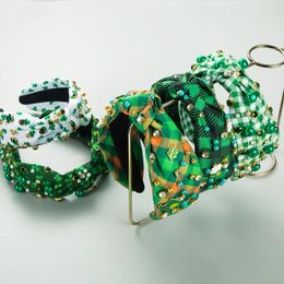 Hair Clips Selling Printed Plaid Fabric Rhinestone Green Band With Wide Edge Pearl Headband