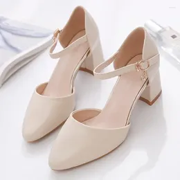 Dress Shoes Single Woman Mid Heels Women Pumps Ankle Strap Buckle Block Heel Footware For Office Lady Beige Apricot