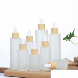 Packing Bottles Wholesale Frosted Glass Dropper Bottle Essential Oil Per Cosmetic Container With Imitated Wooden Lid 20Ml 30Ml 50Ml 60 Dhvbw