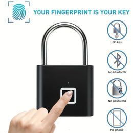 Black silver Keyless USB Rechargeable Door Lock Fingerprint Smart Padlock Quick Unlock Zinc alloy Metal Self Developing Chip 240507