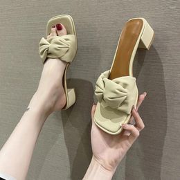 Slippers Bow Knot Thick Mid Heels Mules Summer Women Shoes Woman Slides Solid Leather Peep Toe Casual Beach Female