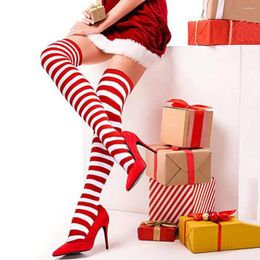 Women Socks Over-the-knee Striped 3 Pairs Green White Stockings With High Elasticity For Holiday Christmas Stage