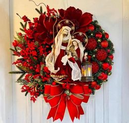 Decorative Flowers Wreaths Sacred Christmas Wreath With Lights Nativity Scene Xmas Garlands 4040cm Front Door Wall Decorations 6822142