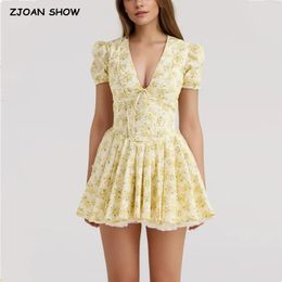 Sexy Yellow Flower Print Deep V Collar Corset Style Mini Dress Short Puff Sleeve Women Low Waist Ruched Pleated Hem Robe 240513