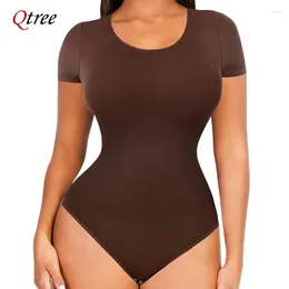 Women's Shapers Qtree Plus Size Seamless Tummy Tucker Bodysuit Slimming Booty Lifting Shapewear For Women Short-Sleeved Waist Trainer