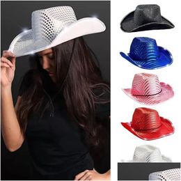 Party Hats Cowgirl Led Hat Flashing Light Up Sequin Cowboy Hats Luminous Caps Halloween Costume Wholesale Fy7970 Drop Delivery Dh2Ua