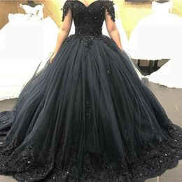 Gothic Black Quinceanera Dresses Off Shoulder Lace Beaded Princess Tulle Ball Gown Plus Size Prom Party Gowns 254e