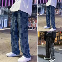 Men's Jeans Men Retro Casual Denim Trousers With Elastic Waist Irregular Square Pattern Straight Wide Leg For A