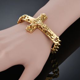 Jesus Cross Mens 14K Gold Bracelet Male Wholesale pulseira Mens Braclets Gold Colour Wrist Bracelets For Men Jewellery