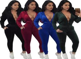 Ladies Fashion Casual Autumn Velvet Twopiece outfits Playsuit Jumpsuit Womens Fall Long Sleeved Solid Colour Long Pants Hooded S6143680