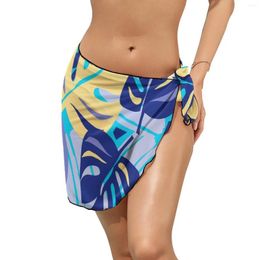 Tropical Leaf Beach Bikini Cover Up Blue And Orange Chiffon Cover-Ups Female Design Wrap Scarf Swimwear Cute Oversize Beachwear