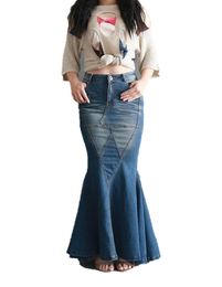 Big Fish Tail Denim Skirt Women Stretchy Long Skirt FloorLength Patchwork Mermaid Denim Skirt Trumpet Vintage High Waist Jeans9889820