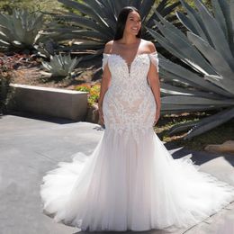 Plus Size Mermaid Wedding Dress for Bride Off the Shoulder Lace Appliques Beading Tulle Bridal Gowns robes de mariee Vestidos De Novia Customed