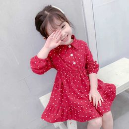 Girl's Dresses Autumn casual dress for children baby girl polka dot dress printed long sleeved red dress elegant childrens party princess dress d240520