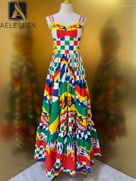 Casual Dresses AELESEEN Sicilian Cotton Dress Women's Summer Spaghetti Strap Elastic Colorful Geometric Plaid Print Elegant Long Party