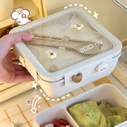 Kawaii Lunch Box For Kids School Adults Office Wheat Straw Cute Microwave Picnic Portable Big Bento Box With Spoon Chopsticks 240520