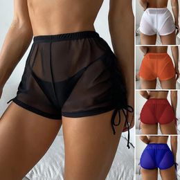 Women's Shorts Sexy Drawstring Mesh Transparent Women 2024 Summer Candy Color High Waist Beach Pants Bikini Cover Swimwear