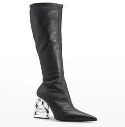 Winter Brands Keira Heels Pop Leather Boots Baraque High Heels Silvertone Logo Lettering Long Knee Boot Black Stretch Pointed toe4903145