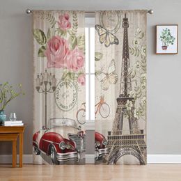 Curtain Eiffel Tower Flowers Car Bike Retro Style Butterfly Sheer Curtains For Living Room Window Kitchen Tulle Voile