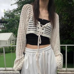 Women's Knits Crochet Cardigan Long Sleeve Tie Front Open Knit Mesh Top Summer Beach Bikini Cover Up Y2K 90s Aesthetic Outfit