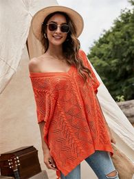 Women's Beach Wear Bat Sleeve Loose Knitted Smock Solid Color V-neck Hollowed Out Short Shawl Tops