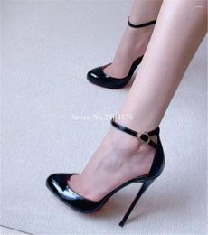 Dress Shoes Women Sexy Patent Leather Thin Heel Pumps Shining Black Red Nude Stiletto Ankle Straps High Heels