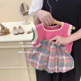 Clothing Sets Girls Set South Korea Summer Simple Pink Knitted Tank Top+Solid Bud Shorts Two Piece Set Suitable for Sports and Casual Style J240518