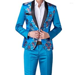 Men's Suits 2024 Fashion Casual Business Host Flower Suit Coat Pants 2 Pcs Set/ Colorful Slim Fit Blazers Jacket Trousers