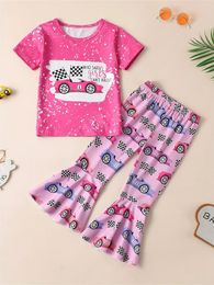 Clothing Sets Toddler Girls 2pcs Sports Car Graphic Crew Neck Short Sleeve T-shirt Print Flare Pants Set Summer Clothes Gift