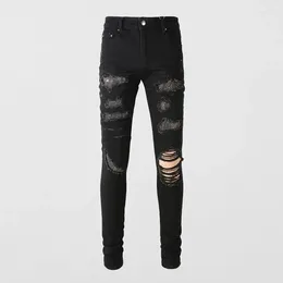 Men's Jeans Streetwear Fashion Men Black Stretch Slim Fit Destroyed Hole Ripped Patch Designer Hip Hop Brand Pants Hombre