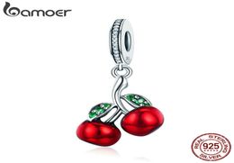 Trendy 925 Sterling Silver Fruit Red Enamel Cherry pendant Charm Fit Women Bracelets Necklaces Fashion Jewelry3283256