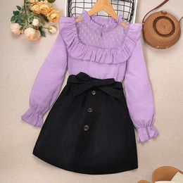 Clothing Sets Girls Clothes 8-12 Years Purple Lace Patchwork Long Sleeve Top Black Skirt Stylish Casual Korean Style Suits