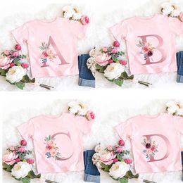 T-shirts Pink New Flower Letter A B C D Childrens T-shirt Kawaii T-shirt Anime Casual Clothing Childrens Boy Short sleeved Top J240518