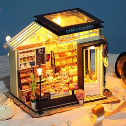 Cake shop Doll House Mini Small Building Assembly Model DIY Handmade 3D Puzzle Kit With LED Toy For Kids Gifts DollHouse