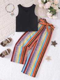 Clothing Sets Girls Summer New Leisure Vacation Style Set With Black Cotton Top And Vintage Ethnic Pattern Wide Leg Pants Two Piece Set Y240520H6ST