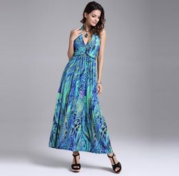 Women Casual Dress Transparent Sexy Expansion V High-Waist Strap Fashion Backless Print Maxi Green Yellow Floral Dress2270390