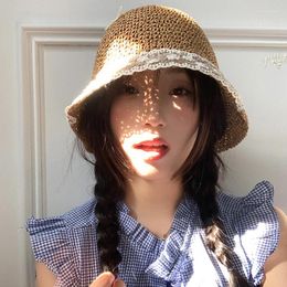 Wide Brim Hats Korean Version Of Lace Simple Straw Hat Women's Summer Sunshade Sunscreen Seaside Vacation Beach Foldable Sun