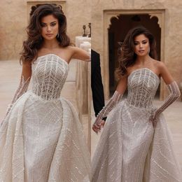 Vintage Mermaid Wedding Dresses Sequins Strapless Bridal Gowns with Overskirts Sleeveless Custom Made Bride Dress Plus Size
