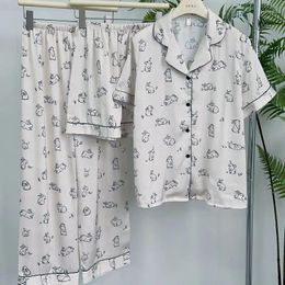 Home Clothing Cartoon Print Pajamas Set Short Sleeve Shirt&pants Women Sleepwear Silk Satin Clothes Loungewear Loose Homewear