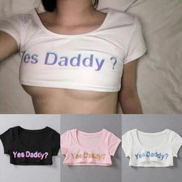 Women Letter Print Short Sleeve Yes Daddy Top Crop Running T Shirt 240520