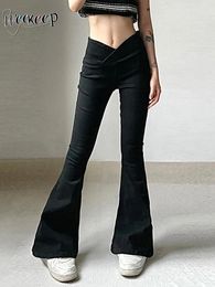 Women's Jeans Weekeep Black Flared V-shape High Waist Casual Denim Pants Korean Fashion Side Zip Up Women Trousers Streetwear Y2k Basic