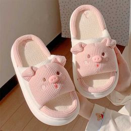 Slippers 2024 New Pink Womens Slippers Fashionable Soft Womens Casual Cute Pig Pattern Design Comfortable Womens Linen Home SlippersL2405