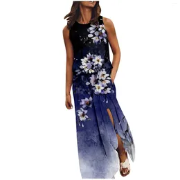 Casual Dresses Summer Floral Print Dress For Women Sleeveless Round Neck Maxi Solid Colour Slit Straight Loose Plus-size
