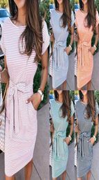 Casual Stripe Women Tshirt Dress Elegant O Neck Short Sleeve Sashes Pocket Black Pink Sundress Cotton Summer Midi Dress Vestidos2170446