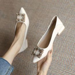 Casual Shoes 3cm Women Pumps Low Heels Office Lady White Crystal Wedding Square Button Boat Black Ladies