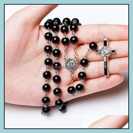 Pendant Necklaces Mens Catholic Rosary Necklace For Women Christian Jesus Virgin Mary Cross Crucifix Galss Beaded Chains Luxury Jewe Otbml