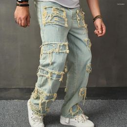 Men's Jeans Retro Style Men HipHop Ripped Patch Spliced Biker Stylish Motorcycle Casual Straight Denim Pants