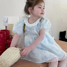 Summer Girls Clothing Mesh Flower Print Elegant Dress Kids Flower Tutu Princess Dresses 240514