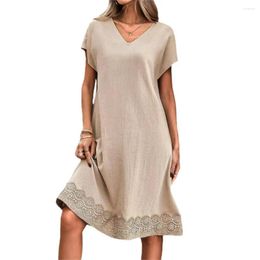 Casual Dresses Vintage Summer Women Dress Short Sleeve Loose Lace Patchwork Pure Color Knee Length Pullover Midi